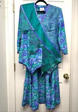 Maggie Shepherd Skirt Suit Vintage 80s Floral Boho Green Purple Artsy Size M